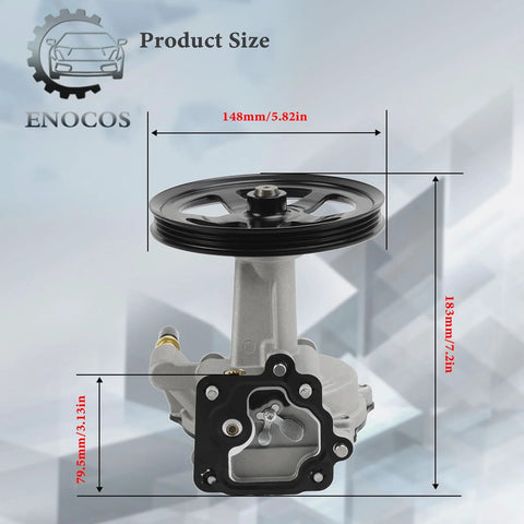 Enocos vacuum pump with pulley, front view; gray metal body for GM SUVs (Escalade/Silverado/Tahoe)