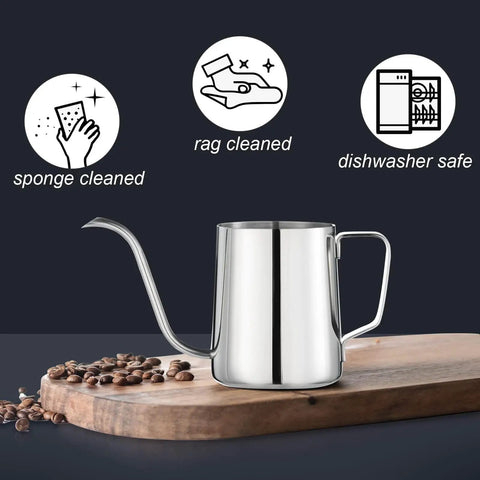 Gooseneck Pour Over Kettle 12 Oz Stainless Steel Coffee Teapot With Slim Long Spout For Precise Drips on wooden board with icons