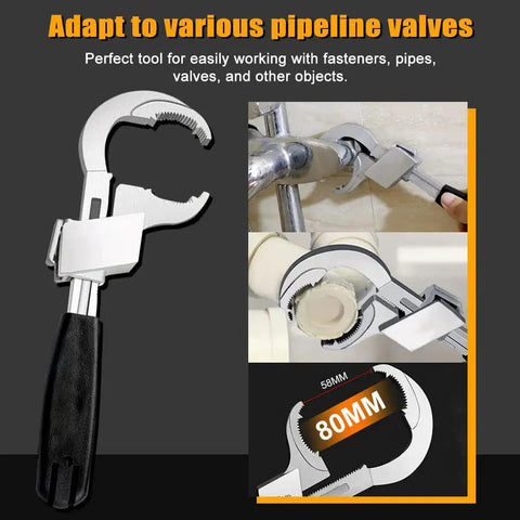 Universal Adjustable Double End Wrench For Quick Home Repairs, shown adjusting a bathroom sink pipe fitting and 80mm opening