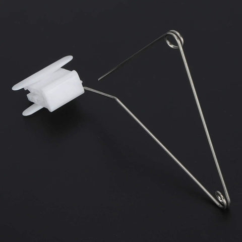 Wire Frame Braiding Machine Tension Guide For Yarn And Knitting Keeps Tension Stable And Snag Free Wire Stand Accessory For Silver Reed Knitting Machines And Other Yarn Tension Tools. Metal wire yarn tension guide with white plastic mount, angled view.