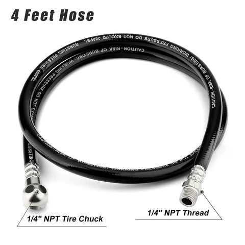 4 foot black hose line with 1/4" NPT tire chuck for Heavy Duty Air Tank Repair Kit Featuring Solid Aluminum And Brass Valves Plus Zero To Two Hundred Psi Gauge.