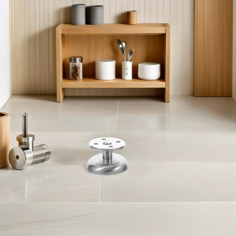 Adjustable Stainless Steel Furniture Legs Set Round Silver Metal Feet on tiled floor for modern homes and kitchens built to last.