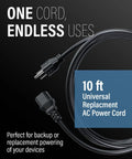 10 Foot Shielded Replacement AC Power Cord NEMA 5 15P To IEC 320C13 Cable for Electronics TV Computer Printer and Monitor on display