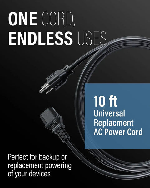 10 Foot Shielded Replacement AC Power Cord NEMA 5 15P To IEC 320C13 Cable for Electronics TV Computer Printer and Monitor on display