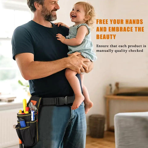 Man wearing Rugged Tool Pouch With Belt For Electricians Mechanics And Carpenters, thickened wear resistant oxford cloth, 12 storage pockets.