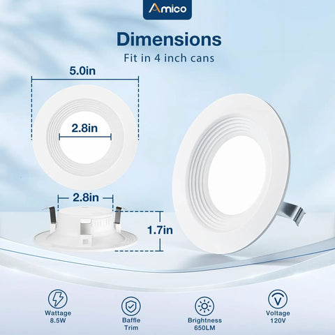 Dimensions and features of 20 Pack Recessed LED Can Lights With Dimmable IC Rated 12.5W Equal To 100W 950 Lumens With Baffle Trim 5CCT
