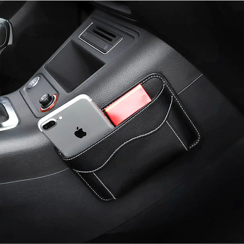 PU Leather Car Seat Gap Organizer Pocket Mini Storage Bag with phone and card in car console, black 6.6 x 4.7 in