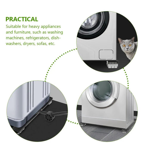 Premium Black Furniture Movers With Wheels And Heavy Duty Stainless Steel Sliders For Easy Washing Machine Relocation And Appliance Mobility Plus Sofa Lifting Kit, shown under a washing machine.