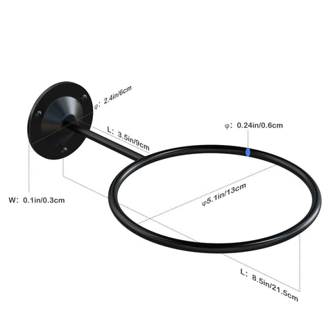 Metal Ball Holder Rack Wall Mounted Two Piece Set Black Heavy Duty Wall Display Storage For Soccer Basketball Volleyball Rugby Football Easy Install With Screws. Dimensions and specifications diagram showing black powder-coated metal construction with wall mount measurements for diameter and length.