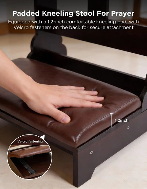 Solid Pine Wood Prayer Bench Kneeler With Cushioned Seat For Home And Church Use featuring Velcro fastening