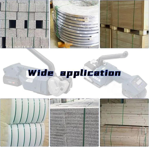 Heavy Duty Electric Strapping Machine Handheld Semi Auto Banding Tool For 1/2 To 5/8 In PP PET Plastic Straps in use with stacked pallets.