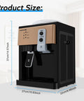 Hot And Cold Tabletop Water Dispenser With Three Temperature Settings Fits 1.2, 3, And 5 Gallon Bottles Ideal For Home Office Dorm Room And Bedside Use, black and gold, shown with dimensions.