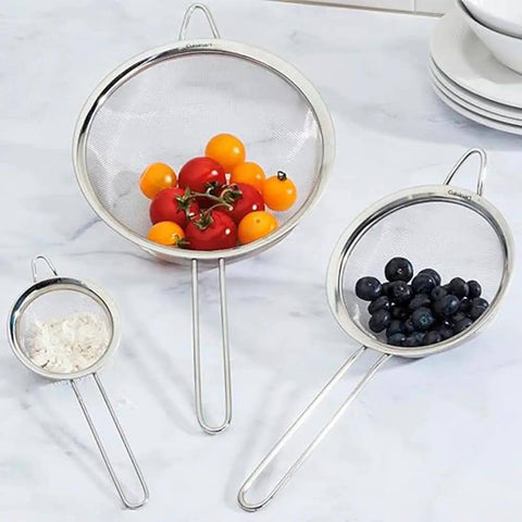Three Piece Stainless Steel Mesh Strainer Set With Fine Mesh For Sifting, Straining, And Draining In The Kitchen, Great For Rinsing
