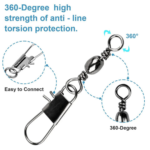 200 Piece Fishing Swivel Set With Coastlock Snap And Ball Bearing, 5 Sizes Included, durable tackle box essential for freshwater and saltwater fishing, 360-degree swivel close-up