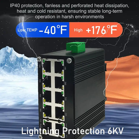 10 Port Gigabit Ethernet Switch Industrial Grade Unmanaged Network Hub With Din Rail Or Wall Mount, rugged metal case, wide temp range.