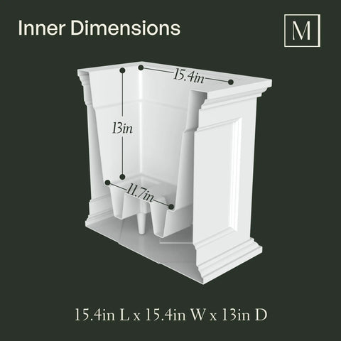Inner dimensions of No-Fuss Self-Watering 20-Inch Square Planter for Outdoors, showing detailed measurements