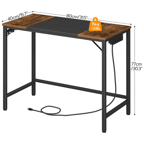 Rustic Brown And Black Computer Desk With Power Outlet Compact Thirty One Point Five Inch Wide Home Office Desk Featuring 3 Built In Hooks