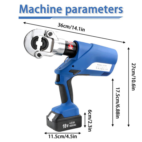 Heavy Duty Cordless Electric Hydraulic Crimping Pliers With Dual 4.0Ah Lithium Packs shown with measurements and details.
