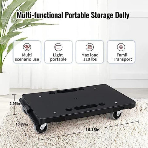 Heavy Duty Furniture Dolly With Interlocking 4 Wheel Flat Dollies 16 X 11 Inches 500 LB Capacity Interlock System For Moving Large Furniture Easily Two Pack Black And Grey Wheels With Carry Handle displayed in a room.