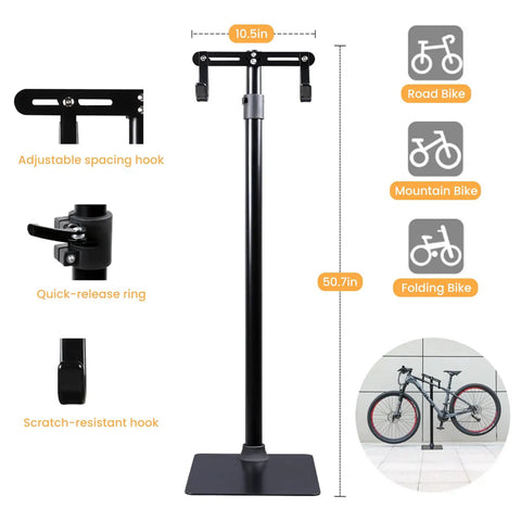 Heavy Duty Bike Floor Stand For Indoor Garage Upright Storage Rack With Adjustable Rubber Hooks For Road Mountain And EBikes Sturdy 38mm Steel Pillar And Weighted Base