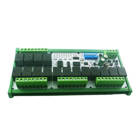 16 Channel PLC Relay Module 12V 24V With Modbus RTU RS485 HMI IO Expansion Board for DIN Rail, green connectors visible
