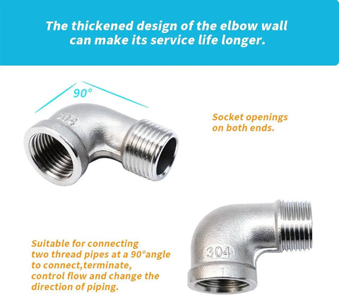 2 Pack Stainless Steel 304 90 Degree Elbow Fittings, 3/4 NPT Threaded, Female to Male, NPT-NPT Connection, 0.98 Inch OD displayed
