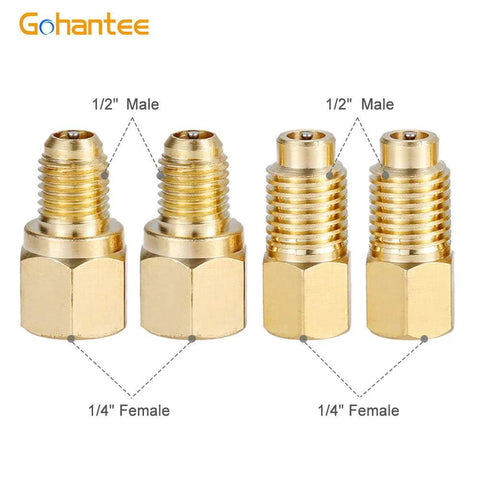 Set of four brass R1234yf quick coupler adapters, 1/2 in male to 1/4 in female ports for AC manifold hoses