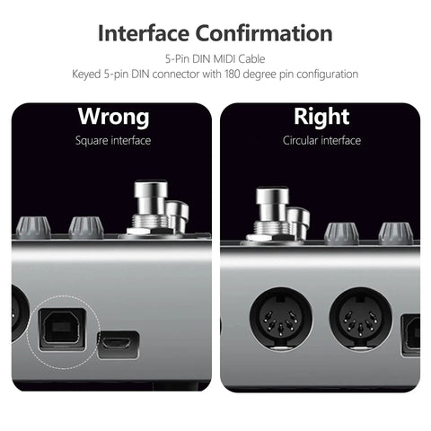 2 Pack 3 Foot 5 Pin MIDI Cables Male To Male DIN Connectors diagram showing correct and incorrect plug interface