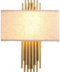 Swanky Modern Fabric Wall Sconce Featuring High Quality Shade for Soft Ambient Lighting Perfect for Bedroom Hallway and Living Room Space Super Chic Decor Piece with Eye Protection Rays and Minimalist Design That Really Slays Your Home Vibe, gold metal and fabric with ambient glow.