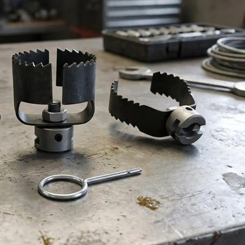 Heavy Duty Three Piece Drain Auger Set Featuring Tough As Nails Steel Cutter Heads on a workbench, showcasing metal rotary cutters.