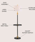 61 Inch Black And Brass Gold Metal LED End Table Floor Lamp with white linen drum shade and metal side table, labeled features