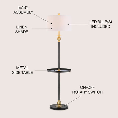 61 Inch Black And Brass Gold Metal LED End Table Floor Lamp with white linen drum shade and metal side table, labeled features