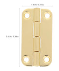 Close-up of gold antique iron hinge with dimensions showing four-hole vertical design from Antique Iron Hinges Set, 12 Pack.