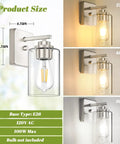 Set Of 2 Brushed Nickel Wall Sconces For Bathroom And Hallway Modern Farmhouse Vanity Lights With Clear Glass Shade showing dimensions and light color options.
