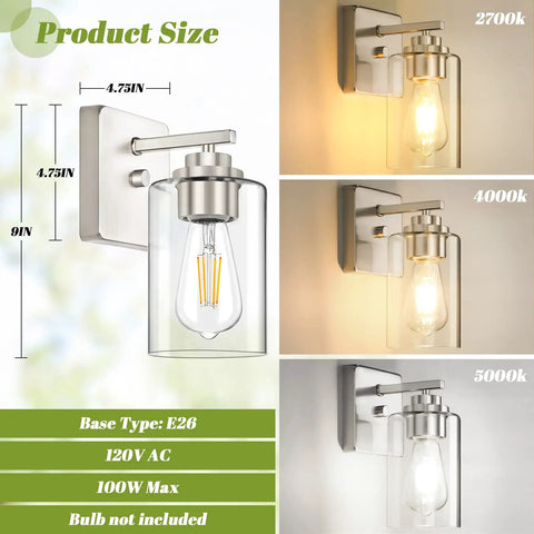 Set Of 2 Brushed Nickel Wall Sconces For Bathroom And Hallway Modern Farmhouse Vanity Lights With Clear Glass Shade showing dimensions and light color options.