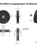 Technical drawing of Heavy Duty Cable Pulley With Spacers 3.54 Inch 90mm One Bearing Dustproof Pulley