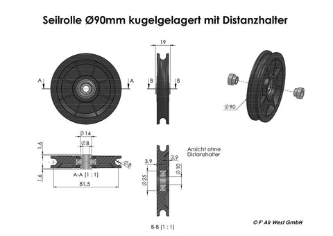 Technical drawing of Heavy Duty Cable Pulley With Spacers 3.54 Inch 90mm One Bearing Dustproof Pulley