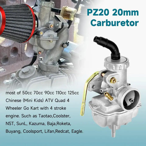 PZ20 carburetor for 50cc-125cc Chinese ATVs, go-karts, bikes; fits models like Taotao, Coolster, Universal 4-stroke engine replacement