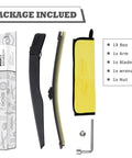 Complete Rear Wiper Arm And Blade Kit Swap For Ford Escape 2013 To 2023 And Explorer 2011 To 2023 With Mounting Hardware Caps Nuts No Hassle Diy Install Smooth Ride Guard Wiper Replacement Set included parts displayed: arm, blade, nut, wrench.