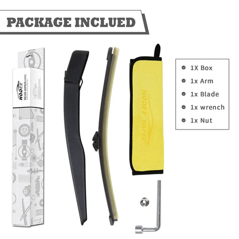 Complete Rear Wiper Arm And Blade Kit Swap For Ford Escape 2013 To 2023 And Explorer 2011 To 2023 With Mounting Hardware Caps Nuts No Hassle Diy Install Smooth Ride Guard Wiper Replacement Set included parts displayed: arm, blade, nut, wrench.