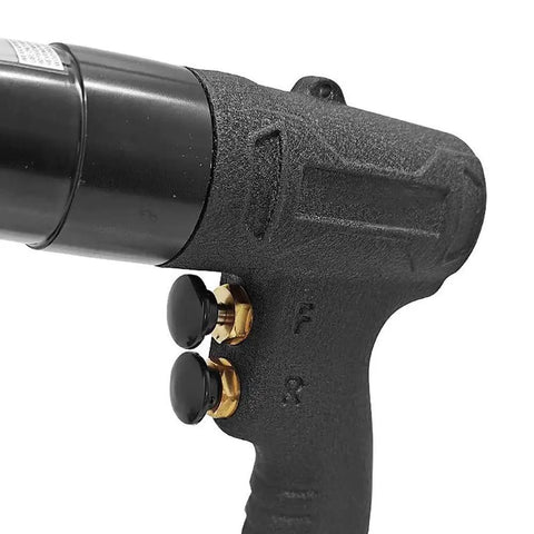 Heavy Duty Pneumatic Riv Nut Gun Kit With Adjustable Speed Trigger And Four Versatile Heads For 10-24, 1/4, 5/16, And 3/8 Inches Plus Extra Mandrels For Serious Pros Who Need A Top Notch Tool, black air tool handle close-up