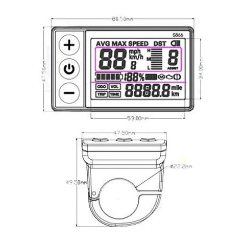 S866 Electric Bike Display LCD Meter For Zero Point Nine Inch Handlebar Mount 24V 36V 48V Bike Computer Screen With 5 Pin Plug For Electronic Scooter Multifunction, showing front and side dimensions