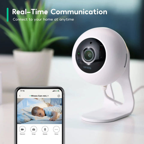 Indoor Security Camera 4MP WiFi With 2 Way Audio For Home Use, Pet Camera With Phone App, shown with a smartphone displaying live feed.