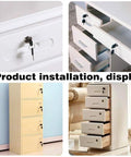 Rock Solid Zinc Alloy Drawer Lock For Wooden Cabinets Desks And Mailboxes Keyed Hardware shown installed on various cabinets.