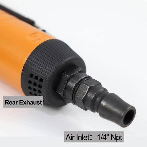Close-up of Badass Compact Quarter Inch Air Angle Die Grinder Boasting 18000 Rpm Pneumatic Torque with rear exhaust and air inlet.