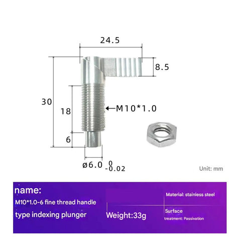 Built Tough Stainless Steel Indexing Plunger Pin With Spring Loaded L Handle Knob For Fast Setup Precise Positioning And Smooth Operation On Heavy Duty Shop Gear And Workshop Projects, measurements and details shown.