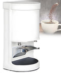 No Sweat Electric Coffee Tamper 58mm Smooth Auto 1 To 3 Cycles With Adjustable 5 To 30 Kg Pressure Built Tough Commercial Espresso Tool For Quick Shots White Flat Stand with sleek design and stainless steel components.