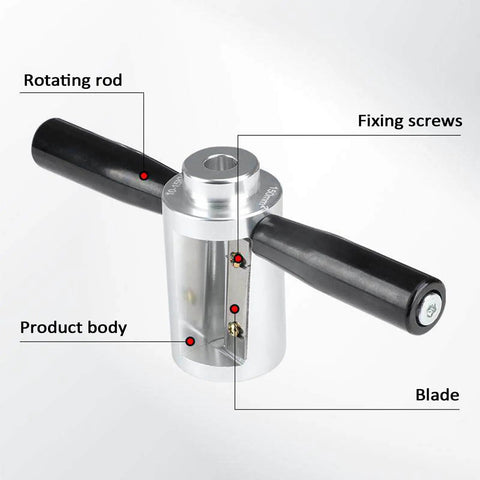 Close-up view of Kickass High Voltage Cable Chamfering Tool and Manual Ring Stripper with forged steel die, showing rotating rod and blade.