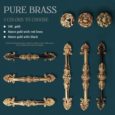 Two Pack 5 Inch Brass Cabinet Pulls Antique Floral Pattern Cupboard Handles displayed with color options