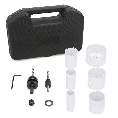 Amazon Basics 9-piece bi-metal hole saw kit with case, sizes 25/32 in to 2-11/16 in, includes arbors and bits